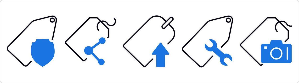 A set of 5 business icons as tag security, share tag, upload tag in blue line color vector