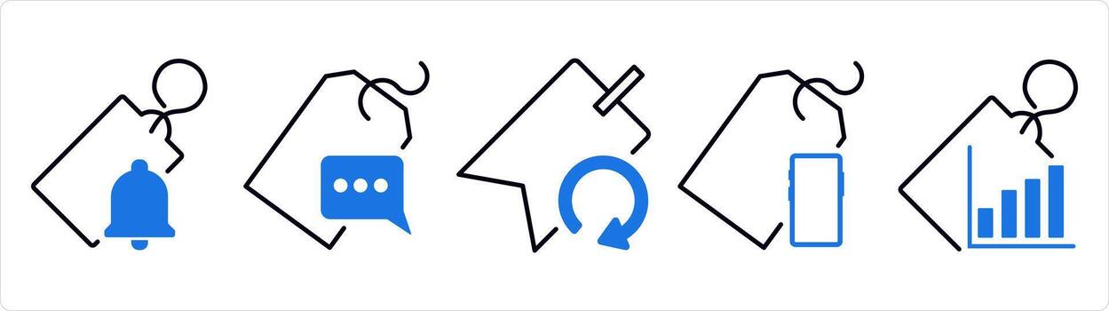 A set of 5 business icons as tag notification, message tag, refresh tag in blue line color vector