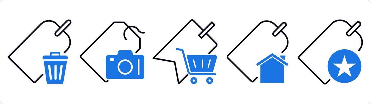 A set of 5 business icons as remove tag, camera tag, shopping tag in blue line color vector