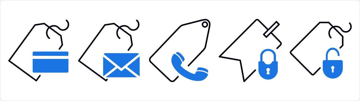 A set of 5 business icons as card tag, message tag, call tag in blue line color vector