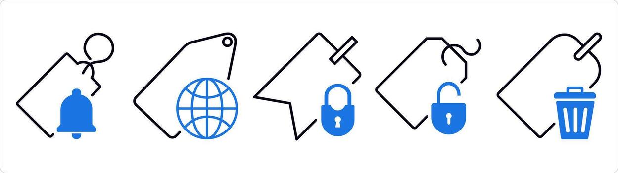 A set of 5 business icons as tag notification, global tag, tag security in blue line color vector