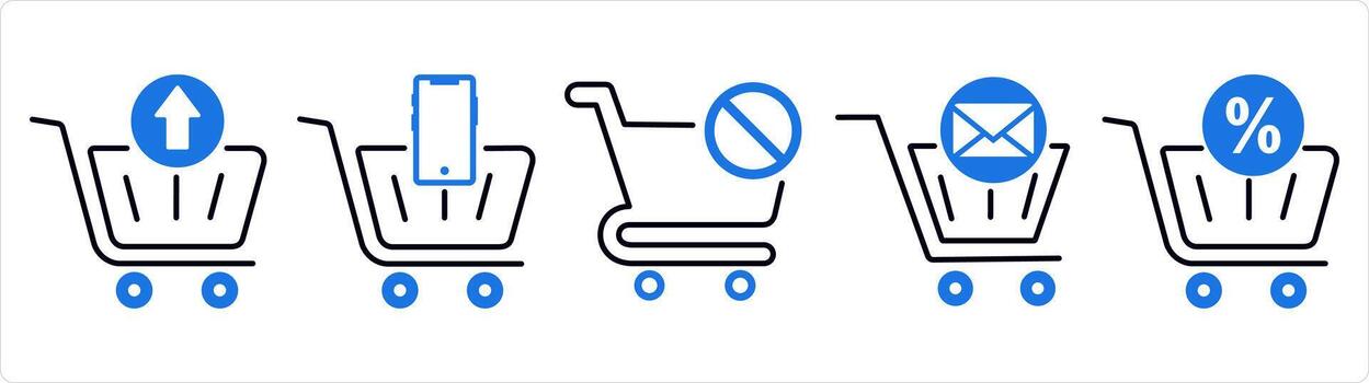 A set of 5 business icons as upload cart, mobile shopping, cart prohibited in blue line color vector