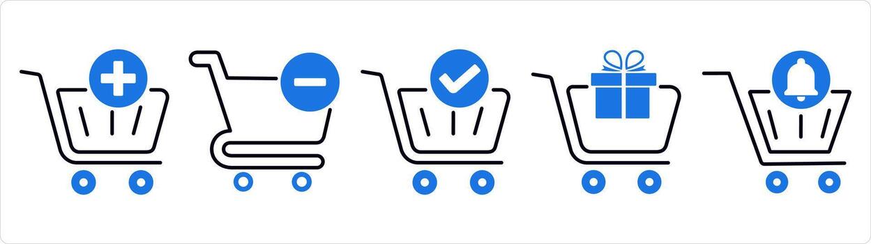 A set of 5 business icons as add to cart, remove cart, approved cart in blue line color vector