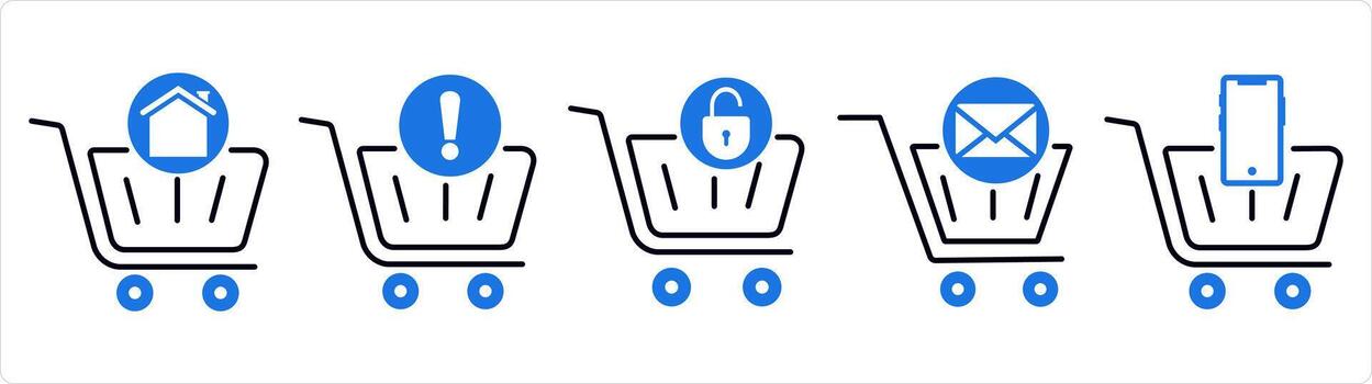 un conjunto de 5 5 negocio íconos como carro Notificación, móvil compras, carro prohibido en azul línea color vector
