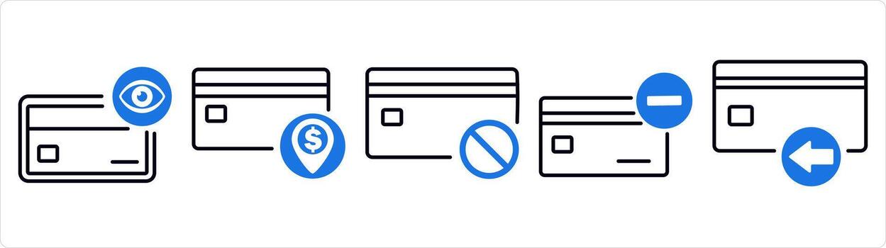 A set of 5 business icons as view card, card payment, card prohibited in blue line color vector