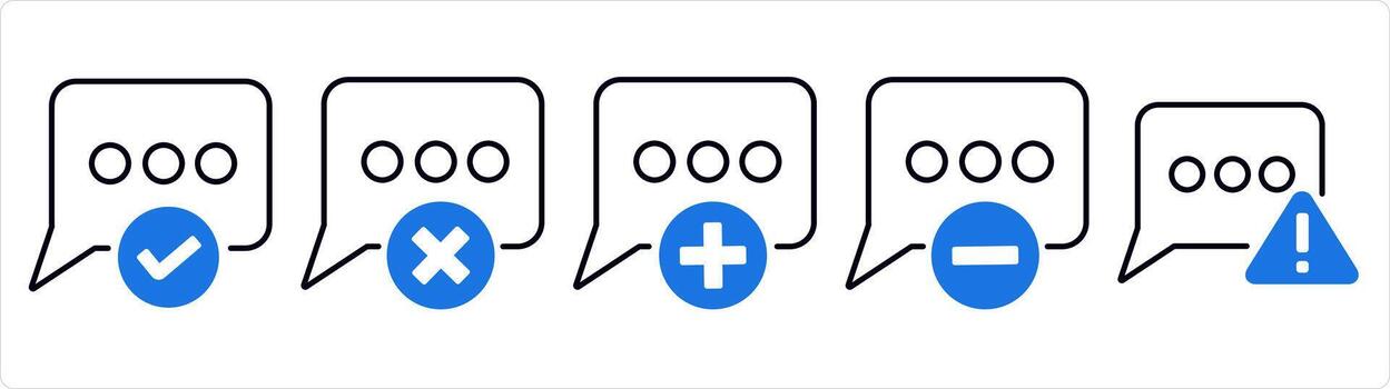 A set of 5 business icons as approved message, delete message, add message in blue line color vector