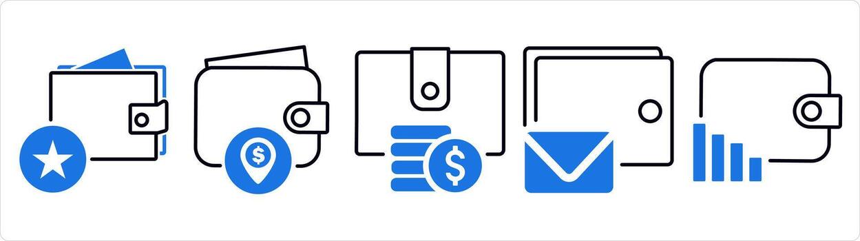 A set of 5 business icons as favorite wallet, money wallet, wallet in blue line color vector