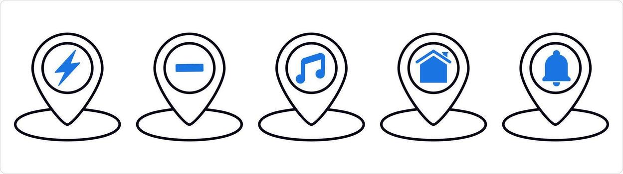A set of 5 business icons as location, remove location, music location in blue line color vector