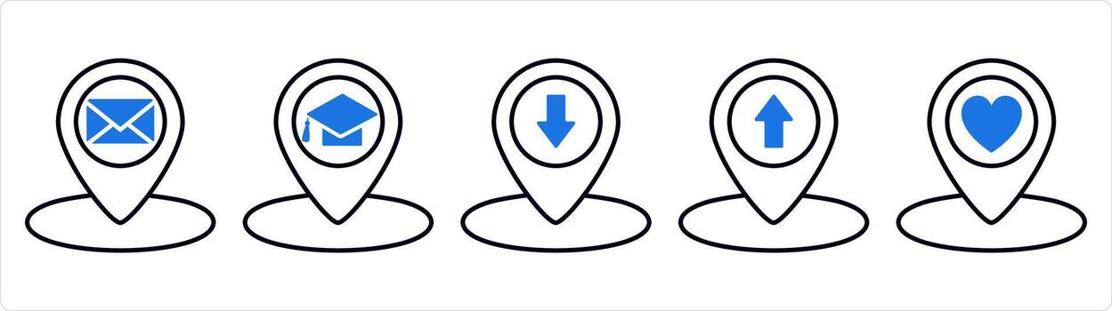 A set of 5 business icons as message location, university location, pin in blue line color vector