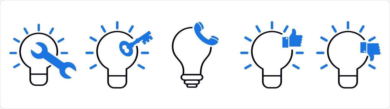 A set of 5 business icons as fix idea, key point, calling idea in blue line color vector