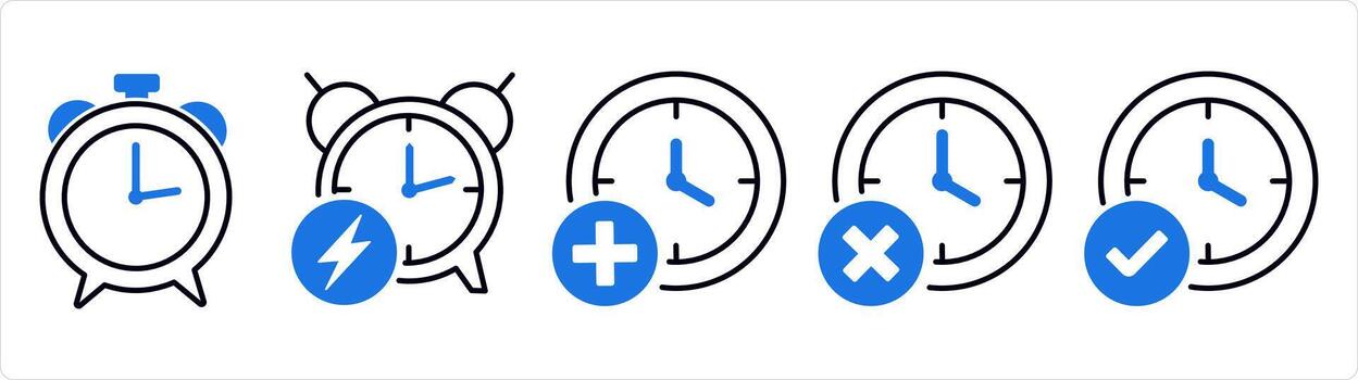 A set of 5 business icons as alarm, fast time, add time in blue line color vector