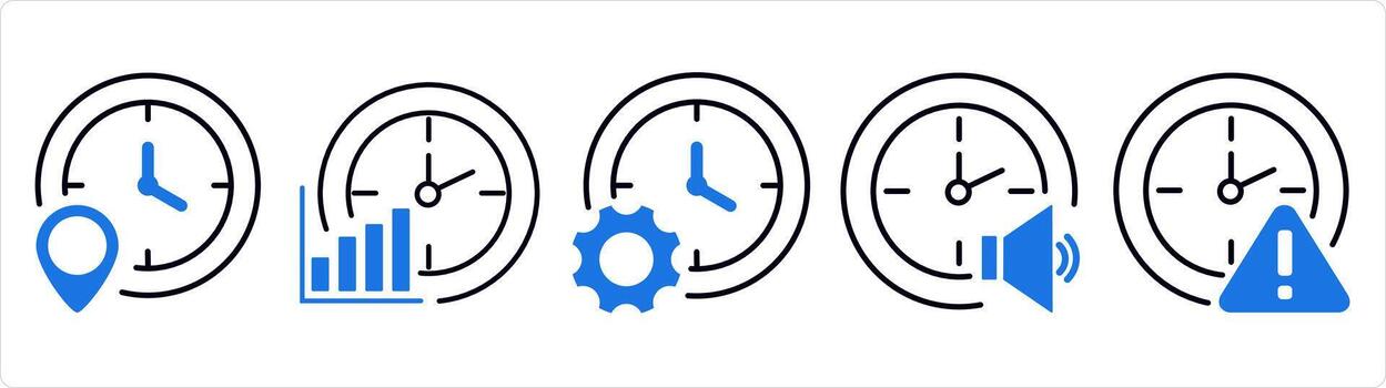 A set of 5 business icons as time location, time revenue, time management in blue line color vector