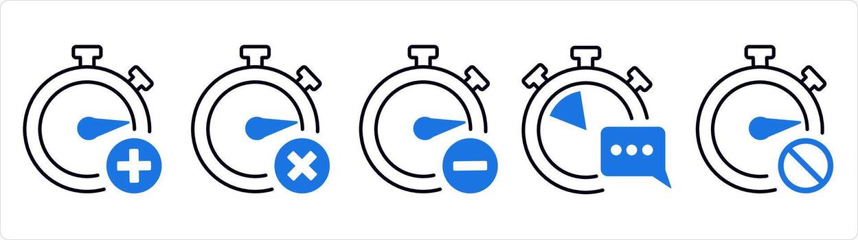 A set of 5 business icons as add time, wrong time, remove time in blue line color vector