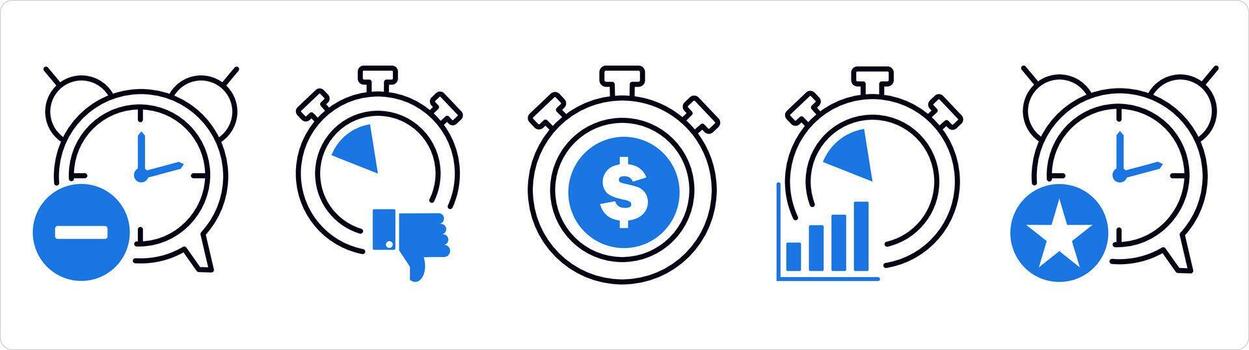 A set of 5 business icons as reduce time, like time, time is money in blue line color vector