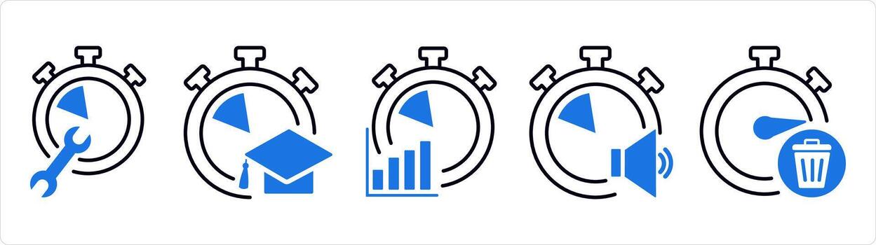 A set of 5 business icons as time settings, study time, business management in blue line color vector