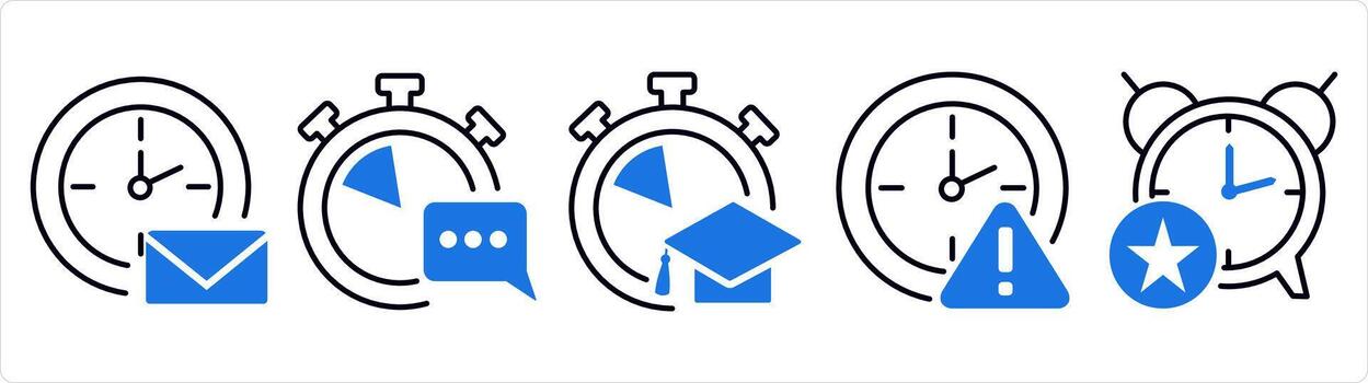 A set of 5 business icons as message on time, message time, study time in blue line color vector