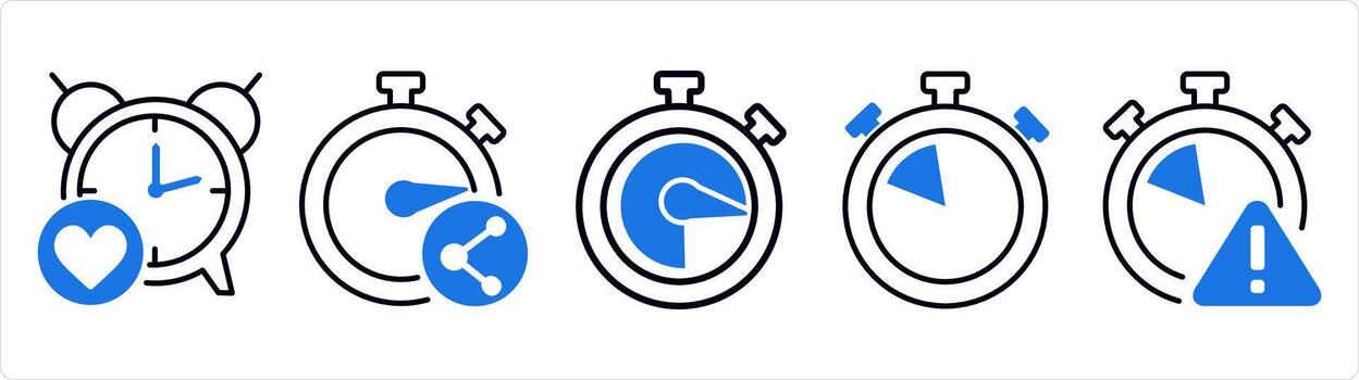 A set of 5 business icons as favorite clock, share time, speedometer in blue line color vector