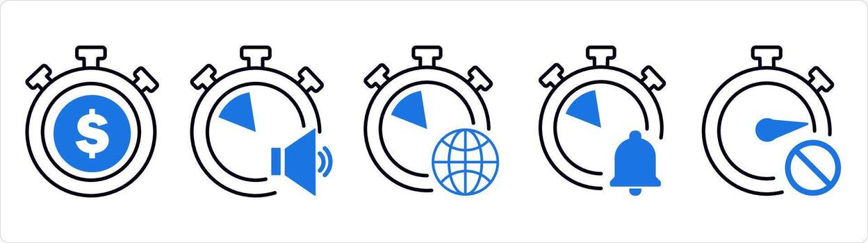 A set of 5 business icons as time is money, speaker time, global time in blue line color vector