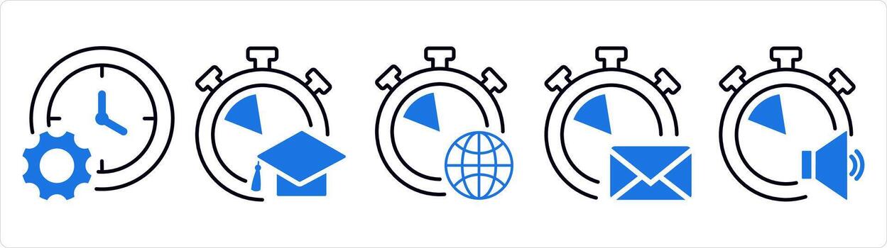 A set of 5 business icons as time management, study time, global time in blue line color vector