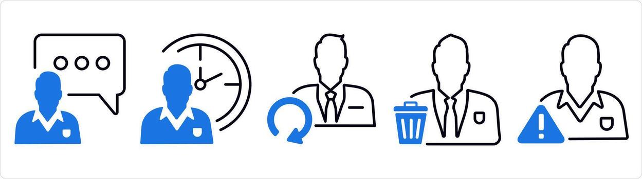 A set of 5 business icons as business conversation, time management, update user in blue line color vector