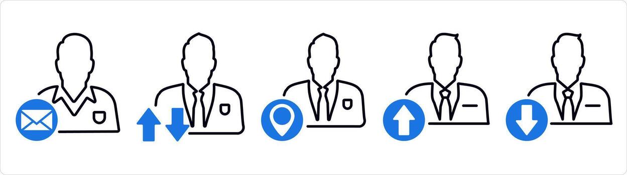 A set of 5 business icons as business message, synchronization profile, business location in blue line color vector