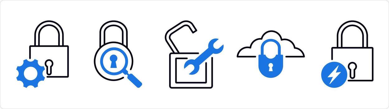 A set of 5 business icons as lock settings, lock search, settings in blue line color vector