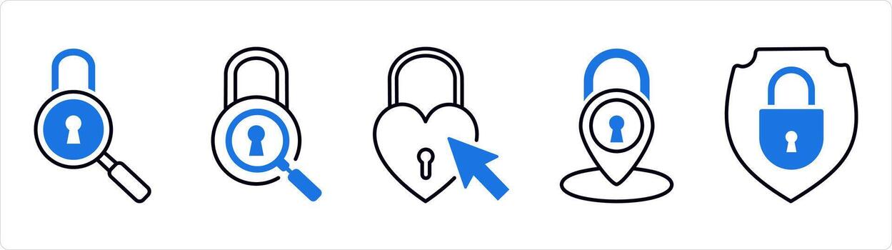 A set of 5 business icons as lock search, heart, location security in blue line color vector