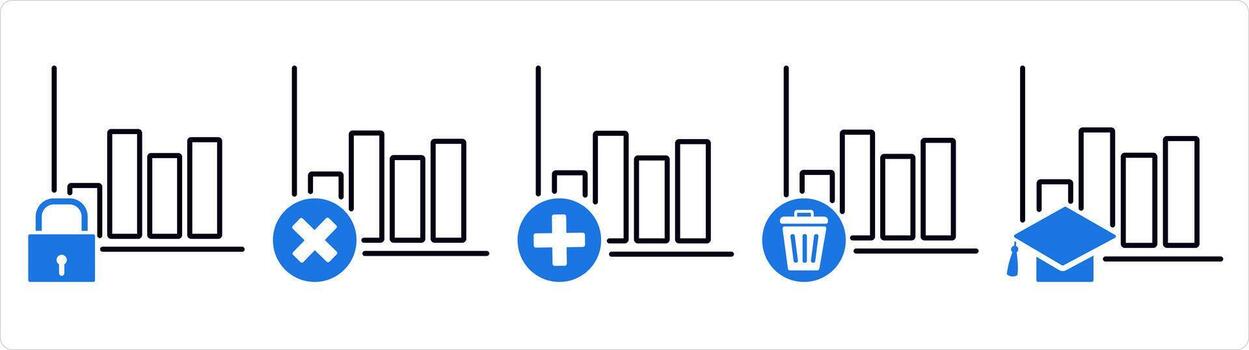 A set of 5 business icons as wrong growth, add graph in blue line color vector