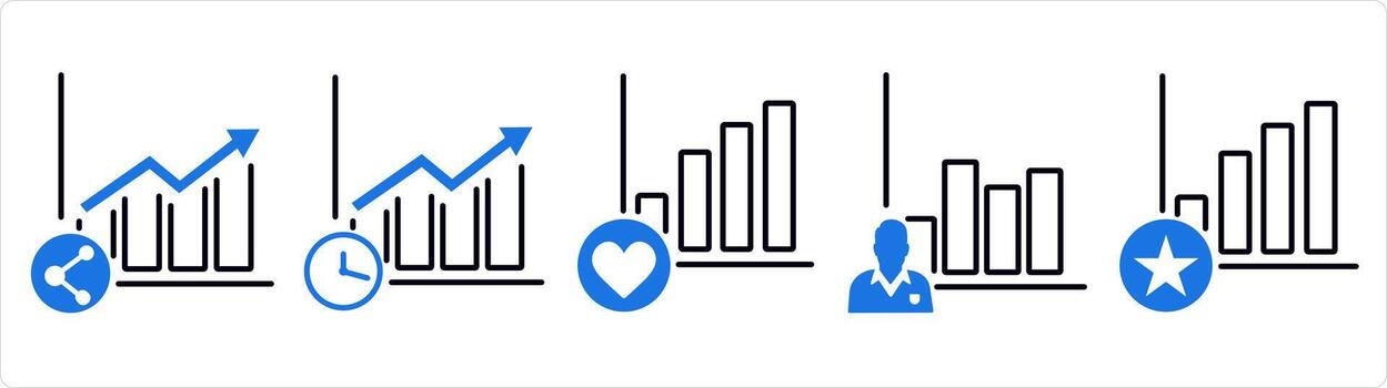 A set of 5 business icons as share growth, growth time, favorite graph in blue line color vector