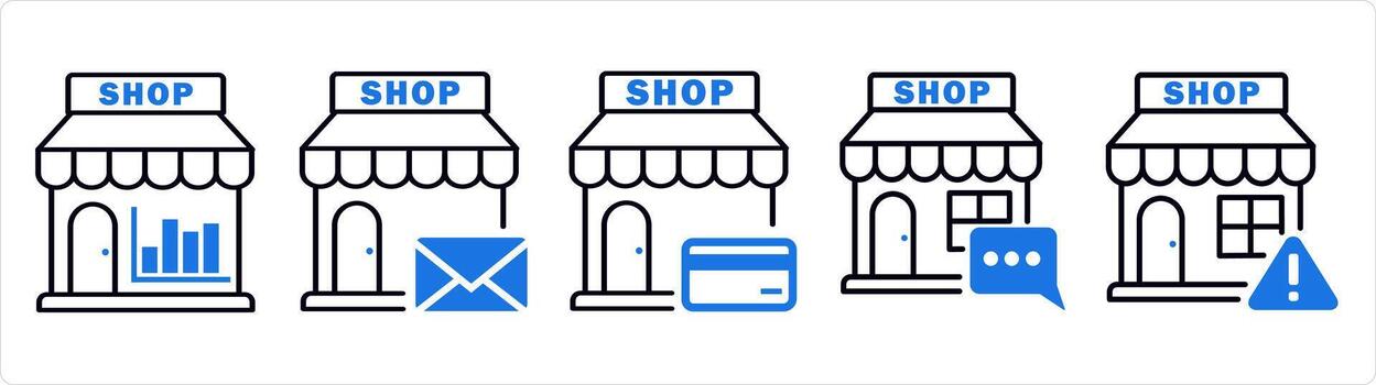 A set of 5 business icons as approve store, remove store, add store in blue line color vector