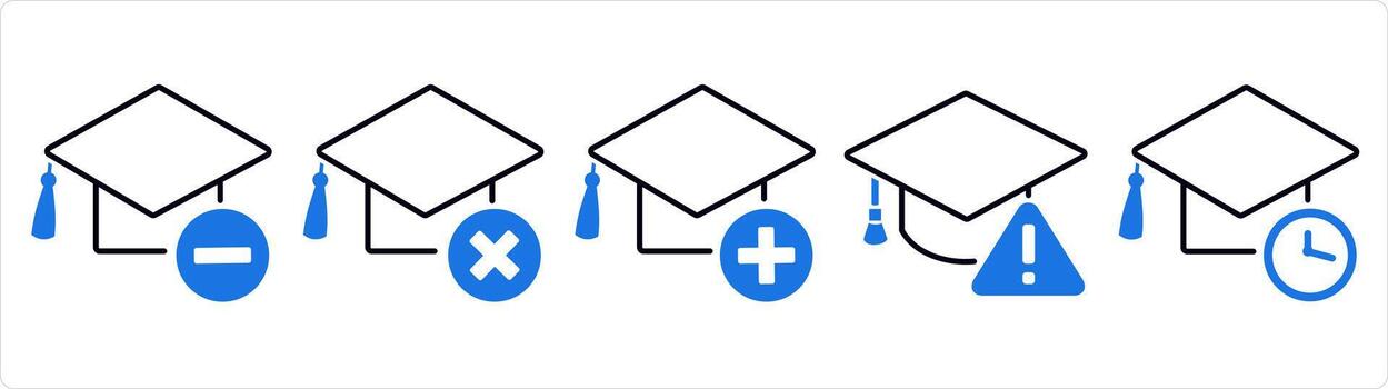 A set of 5 contact icons as remove degree, wrong degree, add degree in blue line color vector