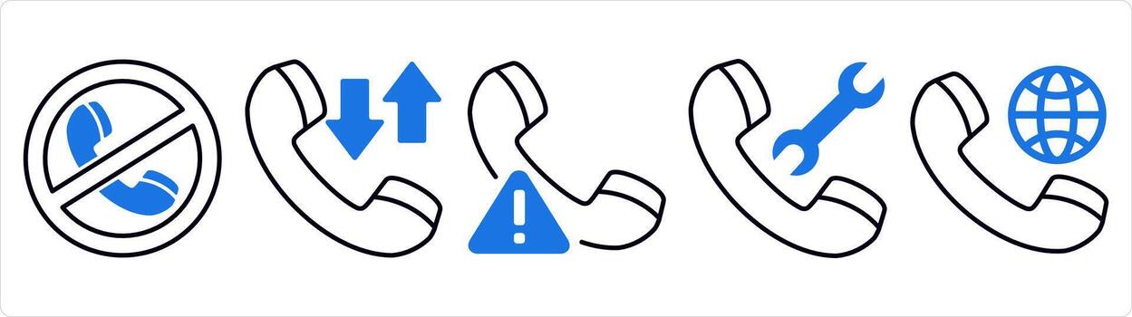 A set of 5 contact icons as call prohibited, synchronize call, call maintenance in blue line color vector