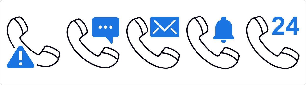 A set of 5 contact icons as call maintenance, call message, call notification in blue line color vector