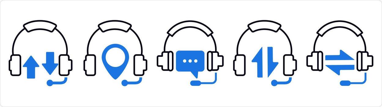 A set of 5 contact icons as synchronize headphone, headphone location, headphone message in blue line color vector