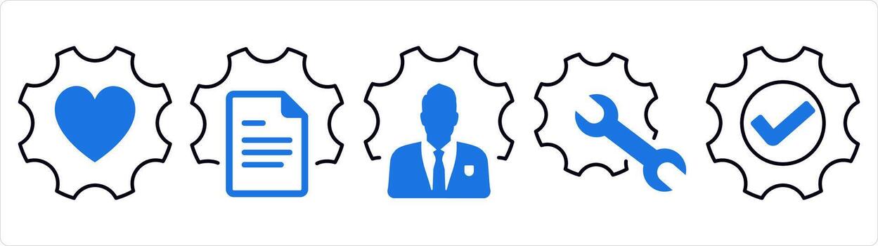 A set of 5 contact icons as favorite setting, page setting, business management in blue line color vector