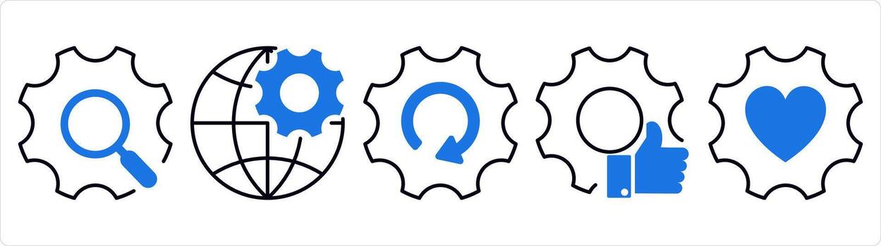 A set of 5 contact icons as setting search, global setting, like settings in blue line color vector