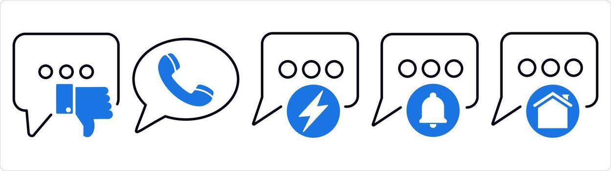 A set of 5 contact icons as like message, call message, fast message in blue line color vector