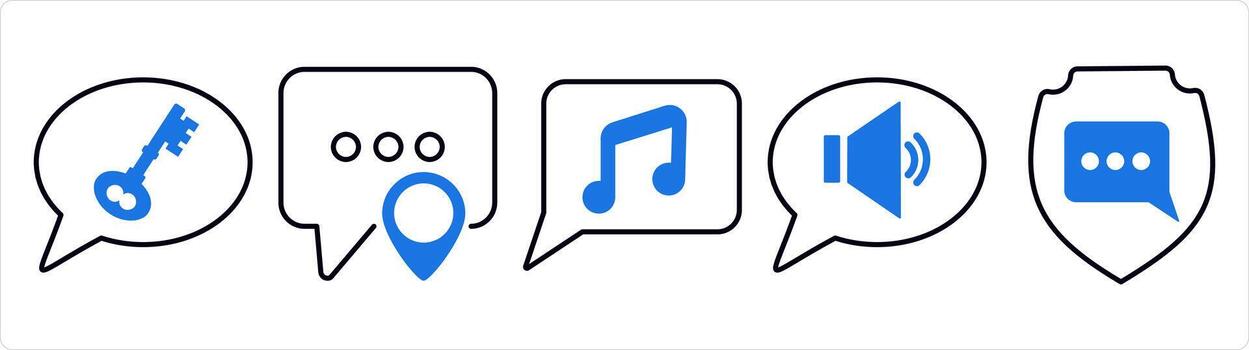 A set of 5 contact icons as message security, message location, music message in blue line color vector