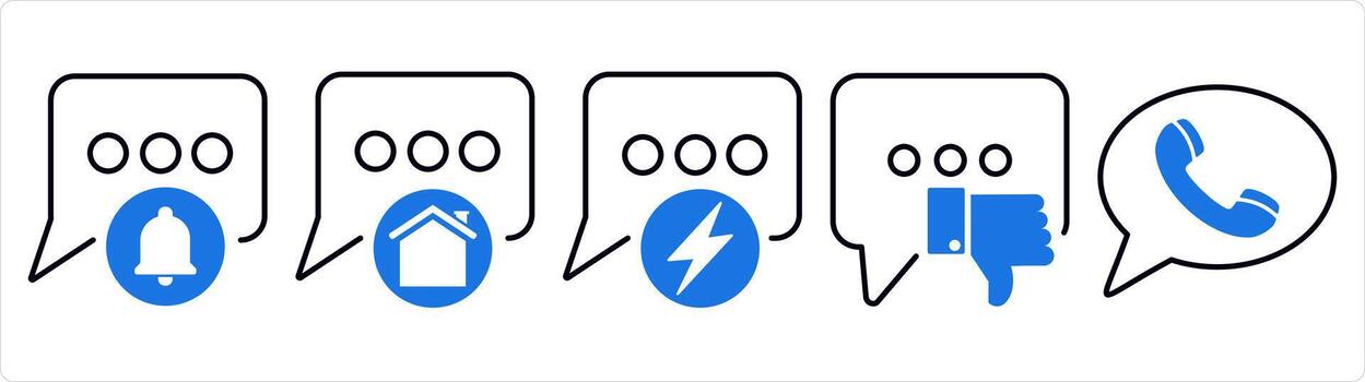 A set of 5 contact icons as message notification, home message, fast message in blue line color vector