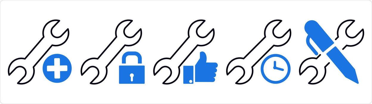 A set of 5 contact icons as add settings, setting protection, like settings in blue line color vector