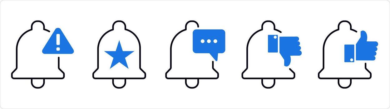 A set of 5 contact icons as alert, favorite bell, message notification in blue line color vector