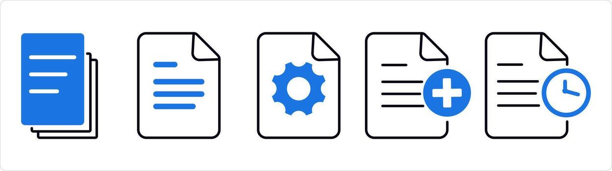 A set of 5 document icons as duplicate copy, document, page setting in blue line color vector