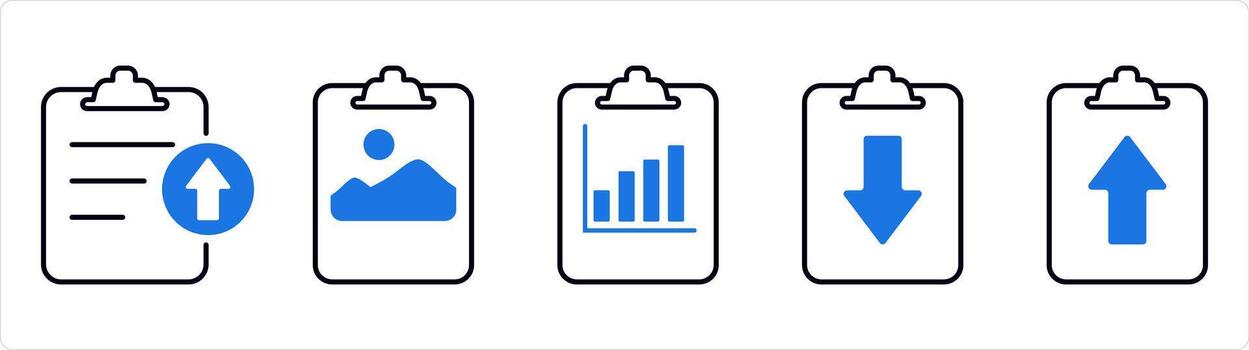 A set of 5 document icons as upload file, image document, graph document in blue line color vector