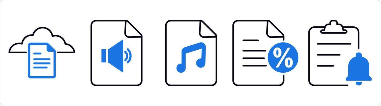 A set of 5 document icons as cloud document, audio file, music file in blue line color vector
