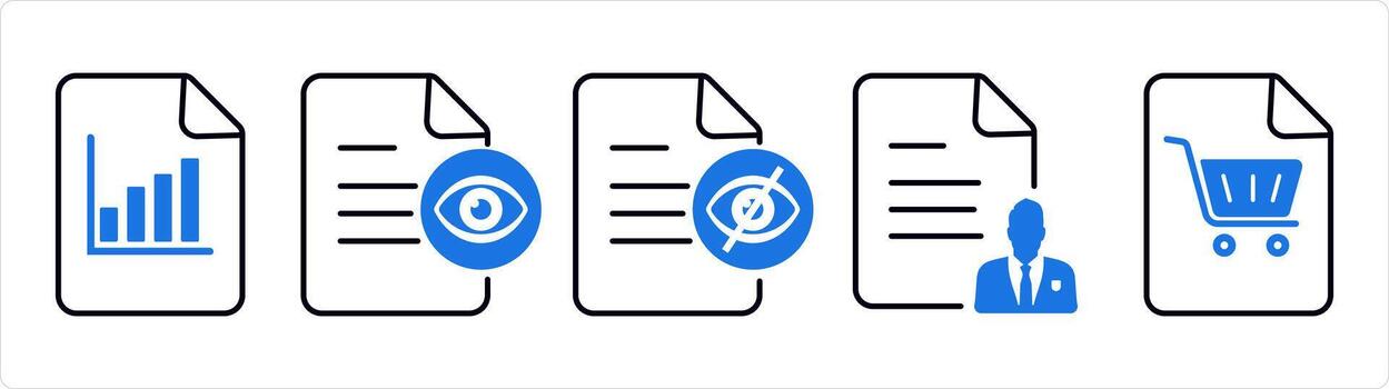 A set of 5 document icons as graph page, view document, invisible document in blue line color vector