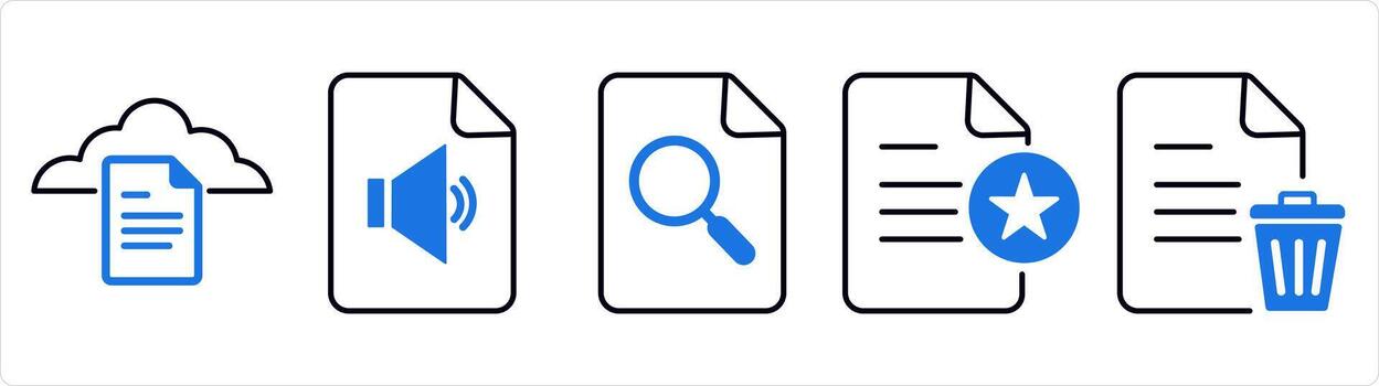 A set of 5 document icons as cloud document, audio file, search page in blue line color vector