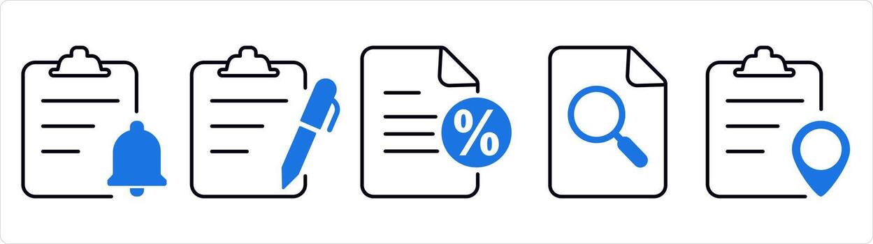 A set of 5 document icons as page notification, edit page, promissory note in blue line color vector