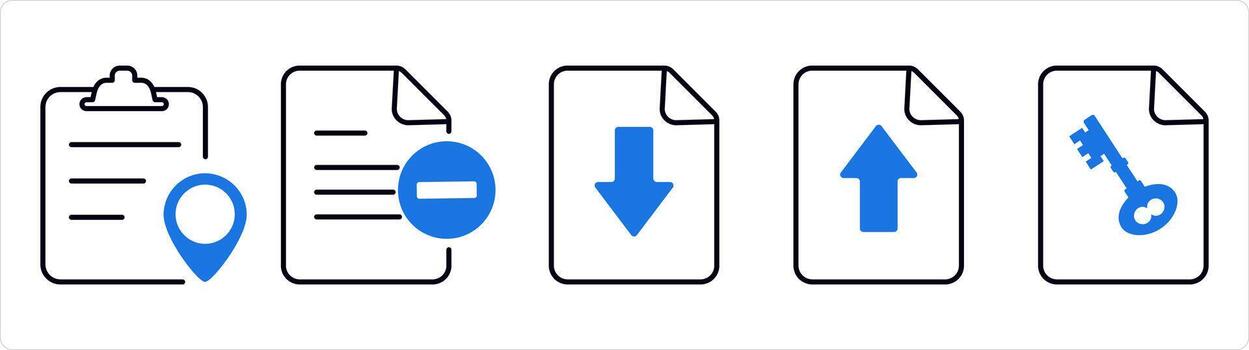 A set of 5 document icons as location page, right document, download page in blue line color vector