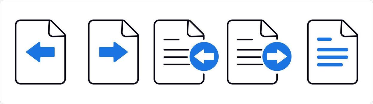 A set of 5 document icons as receive file, send file, document in blue line color vector