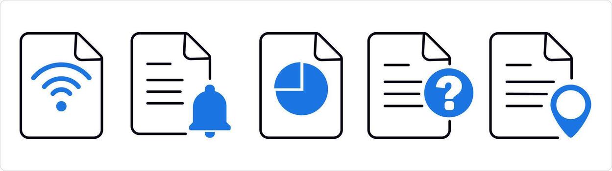 A set of 5 document icons as wifi document, page notification, pie chart in blue line color vector
